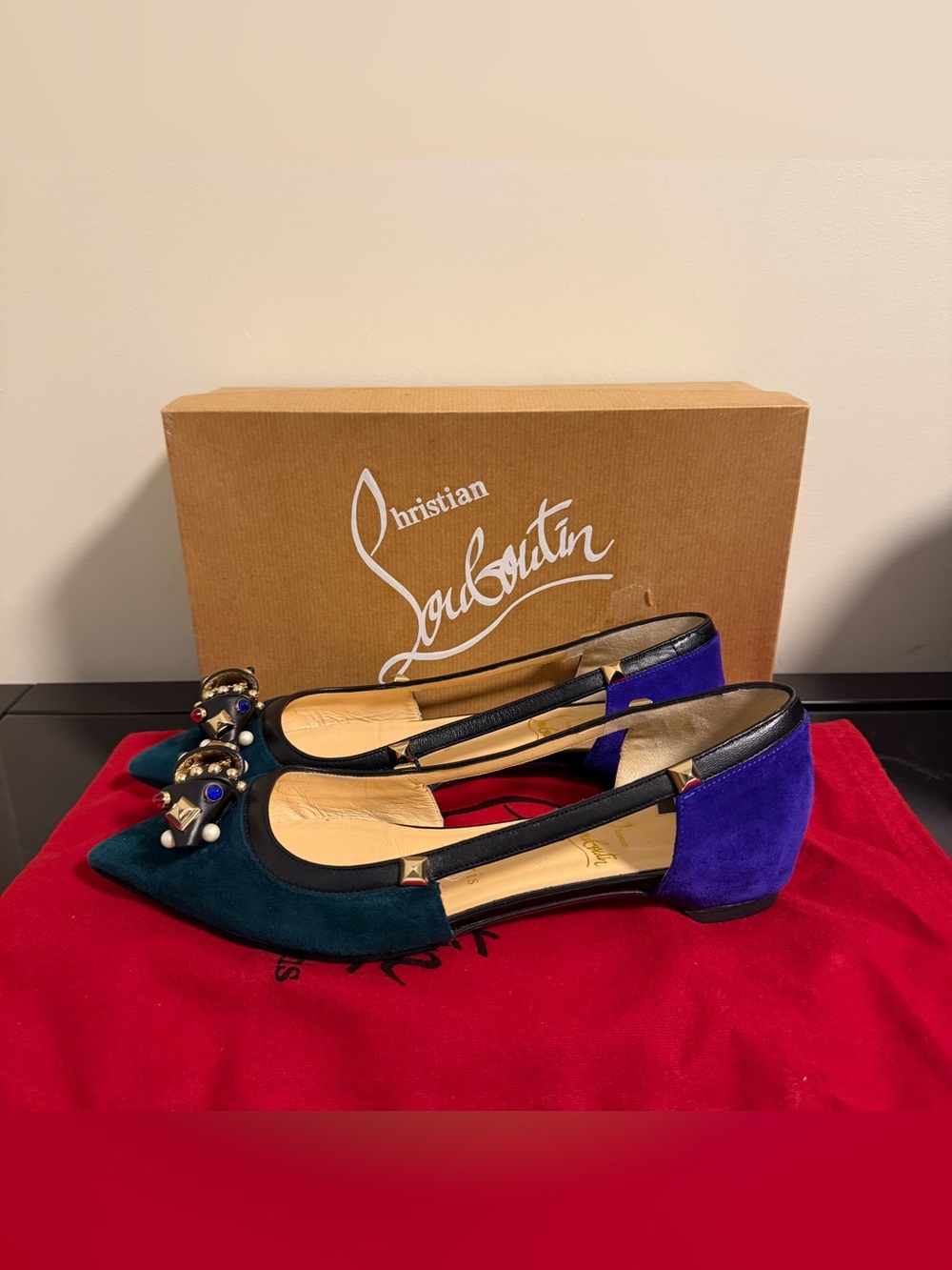 Christian Louboutin Teal and Royal Blue Embellished Flats